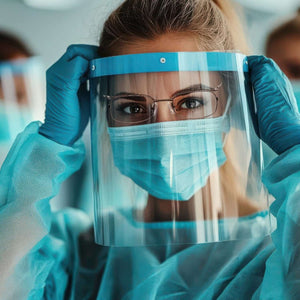 Person wearing a face shield and gloves in a medical setting