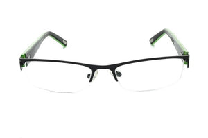 Image of Debauch London 1902 Eyeglass Frames featuring green and blue rectangular metal and plastic design, paired with CR-39 Plastic single vision prescription lenses, front view