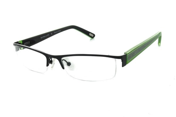 Image of Debauch London 1902 Eyeglass Frames featuring green and blue rectangular metal and plastic design, paired with CR-39 Plastic single vision prescription lenses, diagonal view